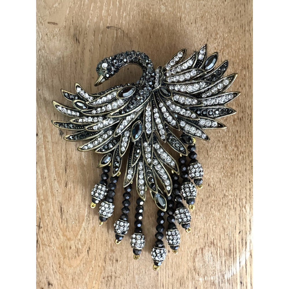 Heidi Daus Swan Crystal Pin Graceful Beauty Gold-Tone Black Beads 4.25" Brooch